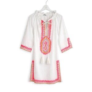 Debbie Katz South Beach Embroidered 3/4 Sleeve Boho Cotton Tunic Cover Up Dress